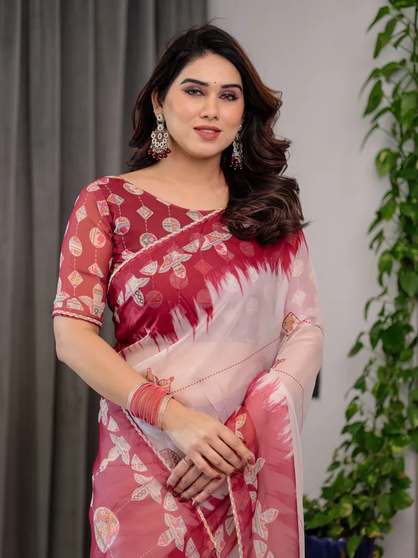 Elegant_Wine_Red_&_Ivory_Printed_Pure_Organza_Saree_with_Multicolor_Lace_Border_and_Artistic_Motif_Print_|_Designer_Sheer_Organza_Saree_with_Attached_Blouse_|_Festive_&_Occasion_Wear