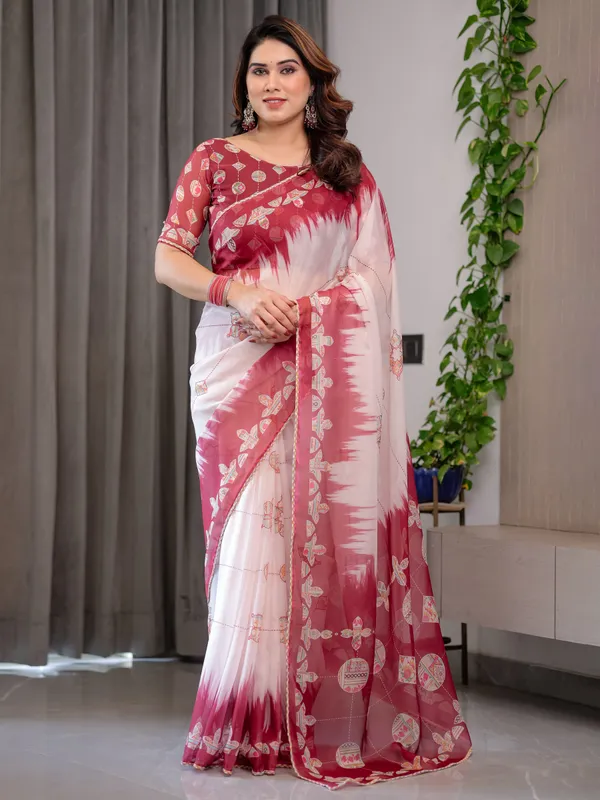 Elegant_Wine_Red_&_Ivory_Printed_Pure_Organza_Saree_with_Multicolor_Lace_Border_and_Artistic_Motif_Print_|_Designer_Sheer_Organza_Saree_with_Attached_Blouse_|_Festive_&_Occasion_Wear