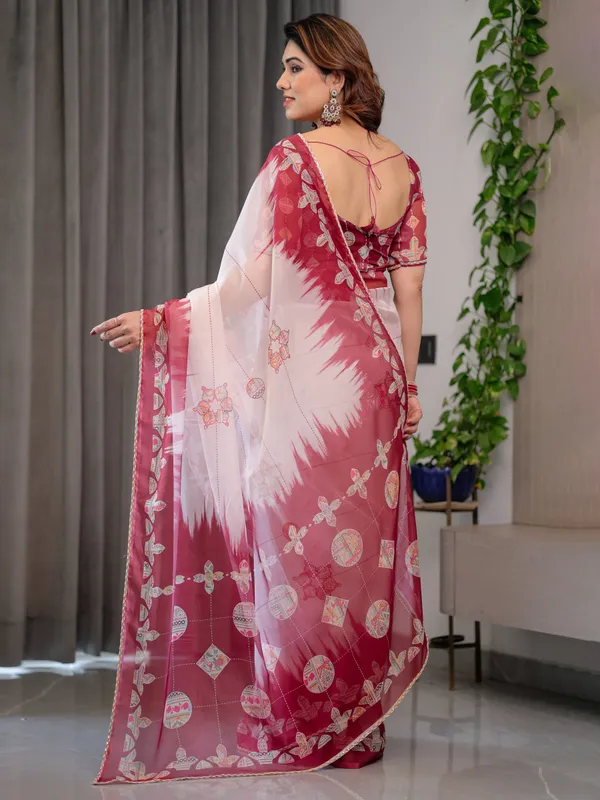 Elegant_Wine_Red_&_Ivory_Printed_Pure_Organza_Saree_with_Multicolor_Lace_Border_and_Artistic_Motif_Print_|_Designer_Sheer_Organza_Saree_with_Attached_Blouse_|_Festive_&_Occasion_Wear