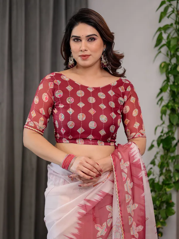 Elegant_Wine_Red_&_Ivory_Printed_Pure_Organza_Saree_with_Multicolor_Lace_Border_and_Artistic_Motif_Print_|_Designer_Sheer_Organza_Saree_with_Attached_Blouse_|_Festive_&_Occasion_Wear