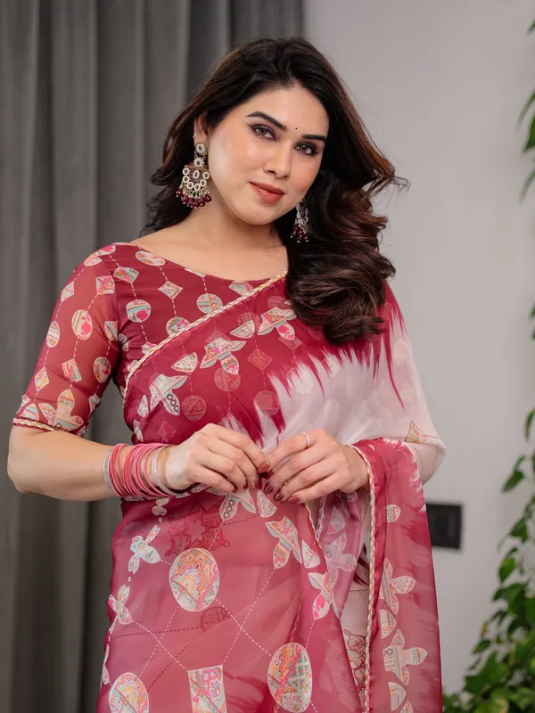 Elegant_Wine_Red_&_Ivory_Printed_Pure_Organza_Saree_with_Multicolor_Lace_Border_and_Artistic_Motif_Print_|_Designer_Sheer_Organza_Saree_with_Attached_Blouse_|_Festive_&_Occasion_Wear