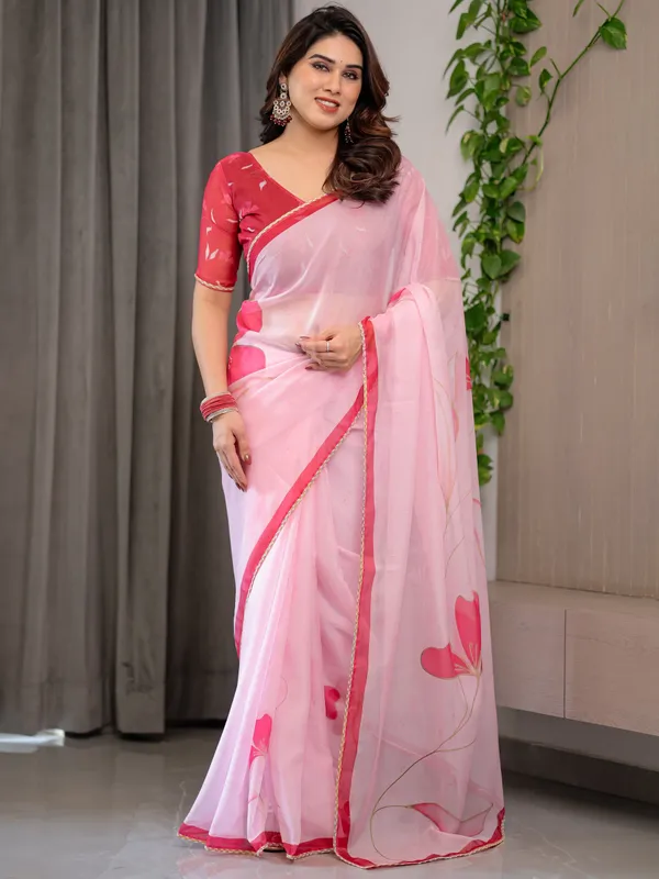 Blush_Pink_Floral_Printed_Organza_Saree_with_Red_Multicolour_Lace_Border_|_Lightweight_Designer_Organza_Saree_with_Attached_Blouse_Piece_|_Elegant_Festive_&_Party_Wear_Saree