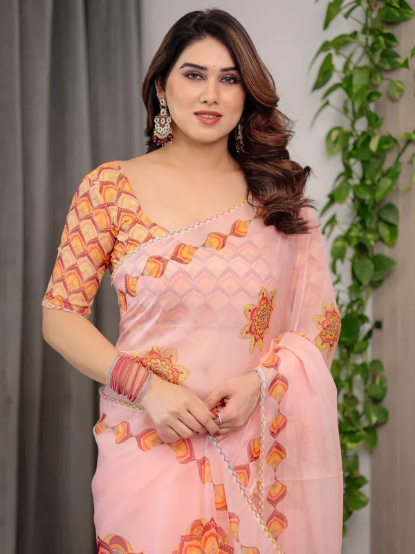 Peach_Pink_Mandala_Printed_Organza_Saree_with_Multicolour_Lace_Border_|_Designer_Lightweight_Organza_Saree_with_Attached_Blouse_Piece_|_Elegant_Festive_&_Occasion_Wear