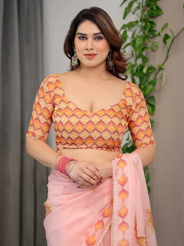 Peach_Pink_Mandala_Printed_Organza_Saree_with_Multicolour_Lace_Border_|_Designer_Lightweight_Organza_Saree_with_Attached_Blouse_Piece_|_Elegant_Festive_&_Occasion_Wear