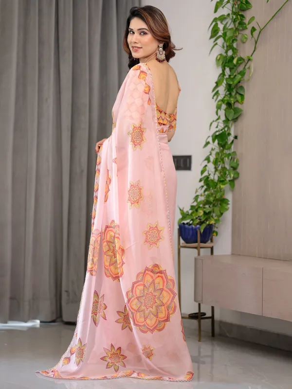 Peach_Pink_Mandala_Printed_Organza_Saree_with_Multicolour_Lace_Border_|_Designer_Lightweight_Organza_Saree_with_Attached_Blouse_Piece_|_Elegant_Festive_&_Occasion_Wear
