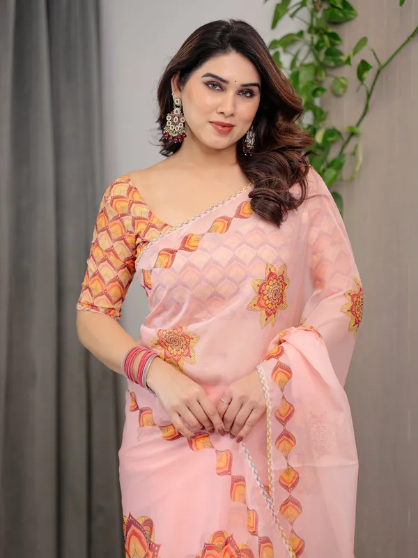Peach_Pink_Mandala_Printed_Organza_Saree_with_Multicolour_Lace_Border_|_Designer_Lightweight_Organza_Saree_with_Attached_Blouse_Piece_|_Elegant_Festive_&_Occasion_Wear