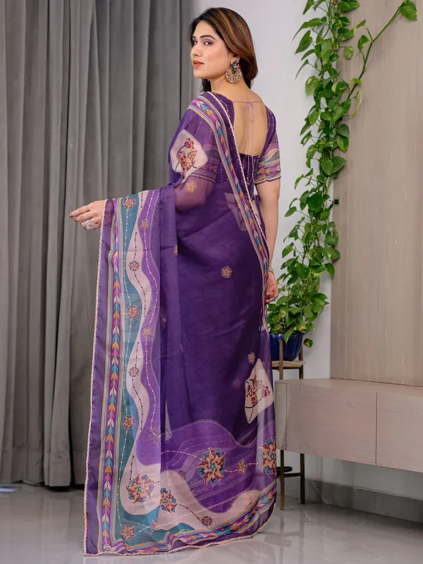 Royal_Purple_Printed_Organza_Saree_with_Multicolour_Ethnic_Border_&_Lace_Edges_|_Designer_Lightweight_Organza_Saree_with_Attached_Blouse_Piece_|_Festive_&_Party_Wear_Saree