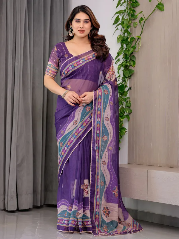 Royal_Purple_Printed_Organza_Saree_with_Multicolour_Ethnic_Border_&_Lace_Edges_|_Designer_Lightweight_Organza_Saree_with_Attached_Blouse_Piece_|_Festive_&_Party_Wear_Saree