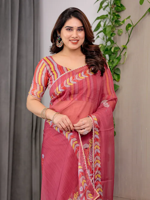 Rose_Red_Floral_Printed_Organza_Saree_with_Multicolour_Leaf_Border_|_Lightweight_Designer_Organza_Saree_with_Attached_Blouse_Piece_|_Elegant_Festive_&_Party_Wear_Saree