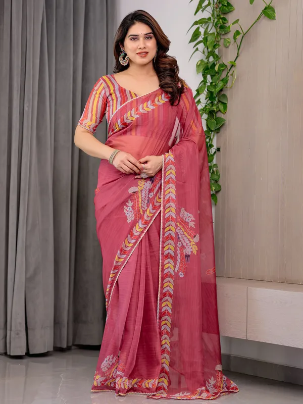 Rose_Red_Floral_Printed_Organza_Saree_with_Multicolour_Leaf_Border_|_Lightweight_Designer_Organza_Saree_with_Attached_Blouse_Piece_|_Elegant_Festive_&_Party_Wear_Saree
