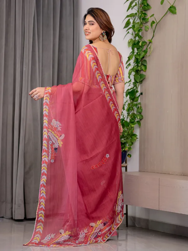 Rose_Red_Floral_Printed_Organza_Saree_with_Multicolour_Leaf_Border_|_Lightweight_Designer_Organza_Saree_with_Attached_Blouse_Piece_|_Elegant_Festive_&_Party_Wear_Saree