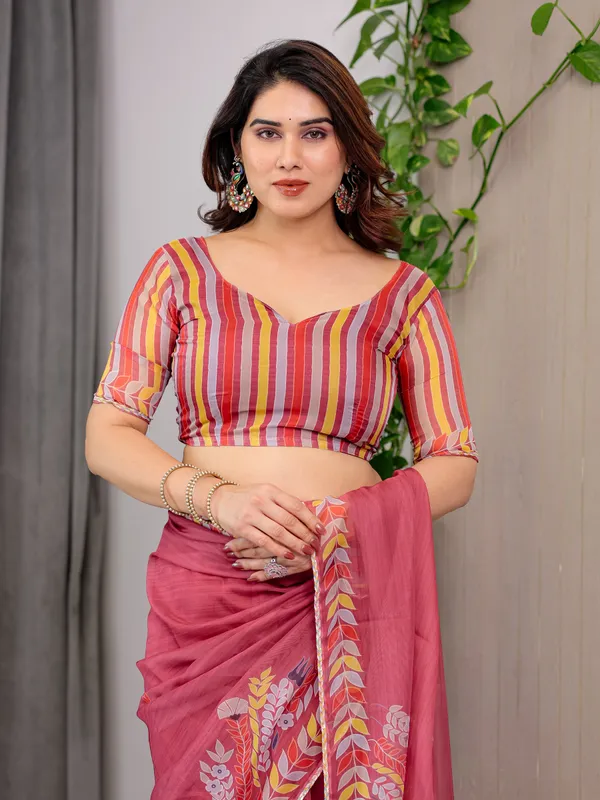 Rose_Red_Floral_Printed_Organza_Saree_with_Multicolour_Leaf_Border_|_Lightweight_Designer_Organza_Saree_with_Attached_Blouse_Piece_|_Elegant_Festive_&_Party_Wear_Saree