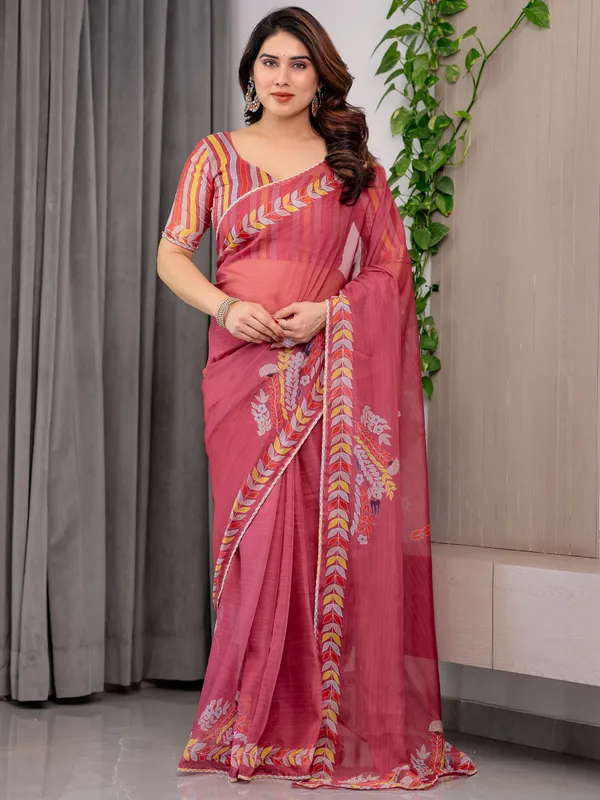 Rose_Red_Floral_Printed_Organza_Saree_with_Multicolour_Leaf_Border_|_Lightweight_Designer_Organza_Saree_with_Attached_Blouse_Piece_|_Elegant_Festive_&_Party_Wear_Saree