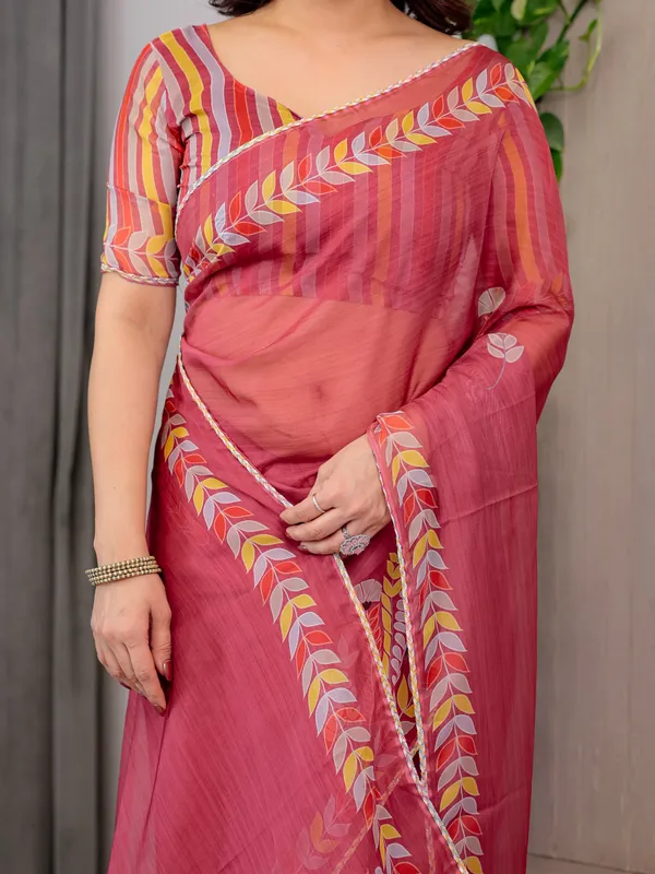 Rose_Red_Floral_Printed_Organza_Saree_with_Multicolour_Leaf_Border_|_Lightweight_Designer_Organza_Saree_with_Attached_Blouse_Piece_|_Elegant_Festive_&_Party_Wear_Saree