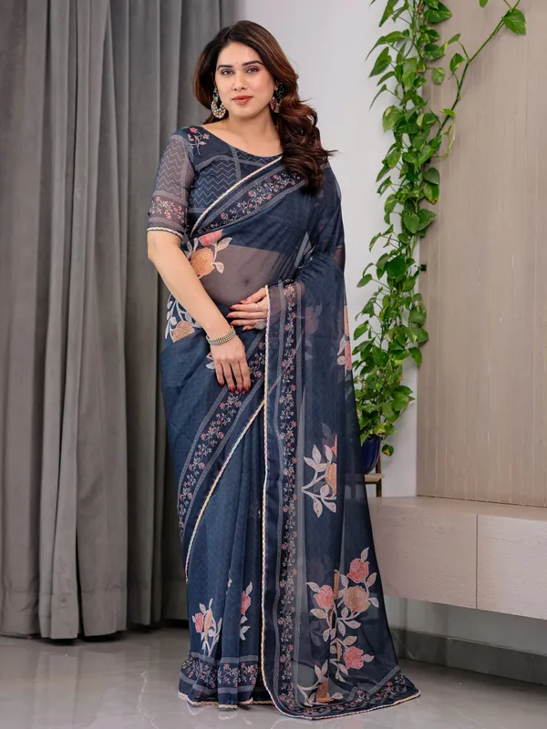 Midnight_Blue_Floral_Printed_Organza_Saree_with_Elegant_Floral_Border_&_Multicolour_Lace_Edges_|_Designer_Lightweight_Organza_Saree_with_Attached_Blouse_Piece_|_Festive_&_Party_Wear_Saree