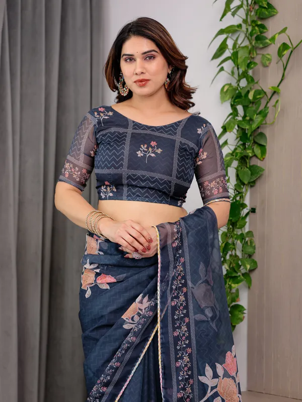 Midnight_Blue_Floral_Printed_Organza_Saree_with_Elegant_Floral_Border_&_Multicolour_Lace_Edges_|_Designer_Lightweight_Organza_Saree_with_Attached_Blouse_Piece_|_Festive_&_Party_Wear_Saree