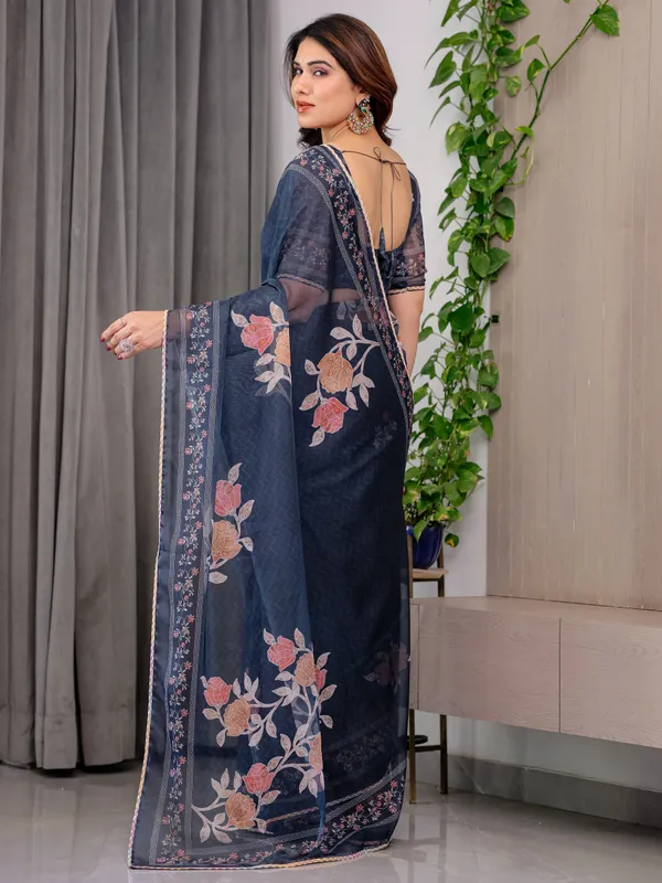 Midnight_Blue_Floral_Printed_Organza_Saree_with_Elegant_Floral_Border_&_Multicolour_Lace_Edges_|_Designer_Lightweight_Organza_Saree_with_Attached_Blouse_Piece_|_Festive_&_Party_Wear_Saree