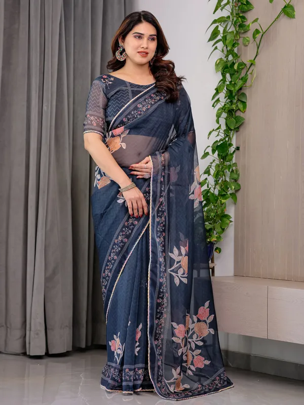 Midnight_Blue_Floral_Printed_Organza_Saree_with_Elegant_Floral_Border_&_Multicolour_Lace_Edges_|_Designer_Lightweight_Organza_Saree_with_Attached_Blouse_Piece_|_Festive_&_Party_Wear_Saree