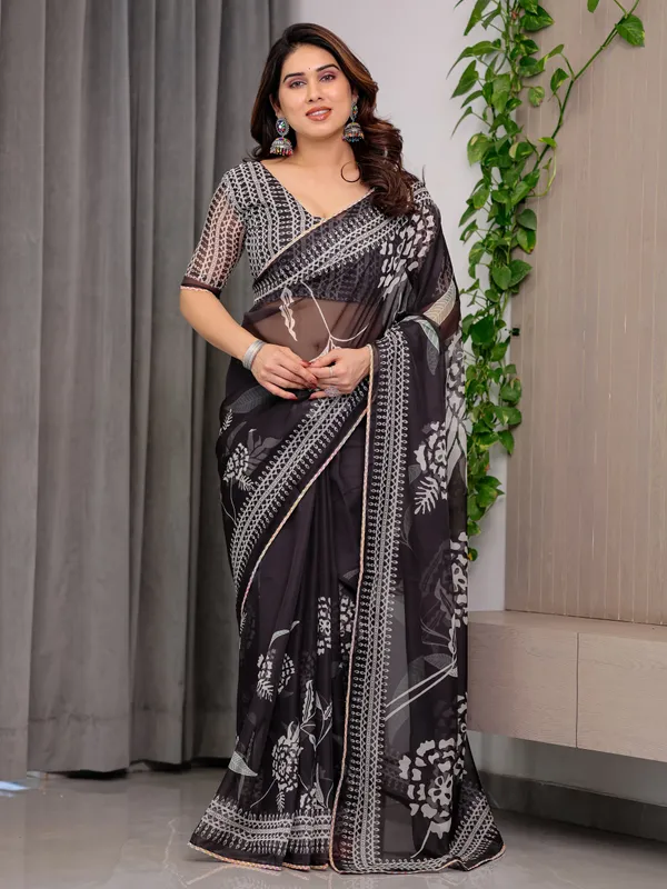 Elegant_Black_Floral_Printed_Organza_Saree_with_Intricate_Ethnic_Border_&_Multicolour_Lace_Edges_|_Lightweight_Designer_Organza_Saree_with_Attached_Blouse_Piece_|_Festive_&_Party_Wear_Saree