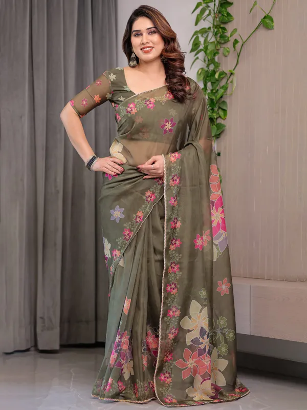Olive_Green_Floral_Printed_Organza_Saree_with_Multicolour_Flower_Motifs_&_Lace_Border_|_Designer_Lightweight_Organza_Saree_with_Attached_Blouse_Piece_|_Elegant_Festive_&_Party_Wear_Saree