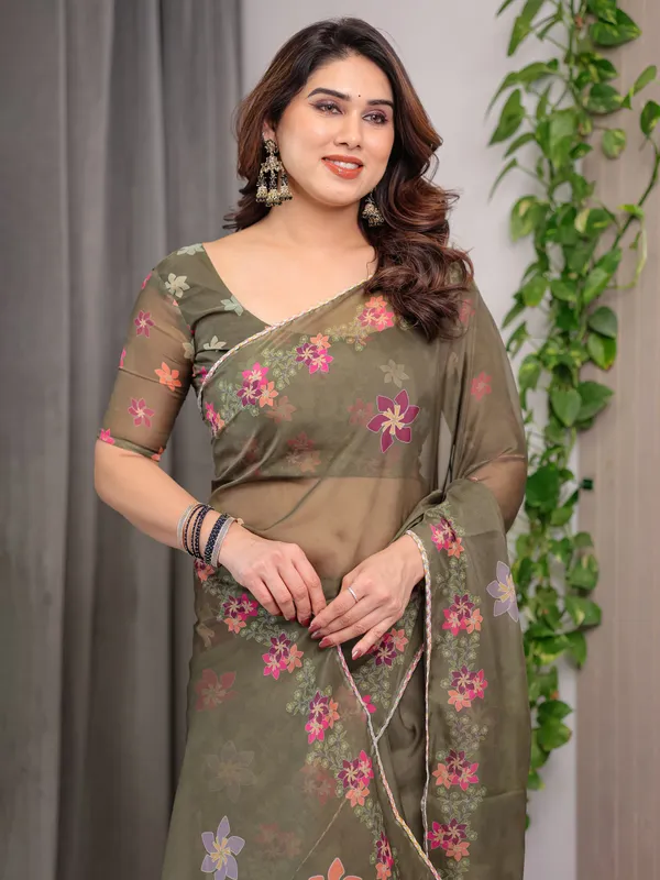 Olive_Green_Floral_Printed_Organza_Saree_with_Multicolour_Flower_Motifs_&_Lace_Border_|_Designer_Lightweight_Organza_Saree_with_Attached_Blouse_Piece_|_Elegant_Festive_&_Party_Wear_Saree