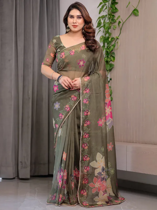 Olive_Green_Floral_Printed_Organza_Saree_with_Multicolour_Flower_Motifs_&_Lace_Border_|_Designer_Lightweight_Organza_Saree_with_Attached_Blouse_Piece_|_Elegant_Festive_&_Party_Wear_Saree