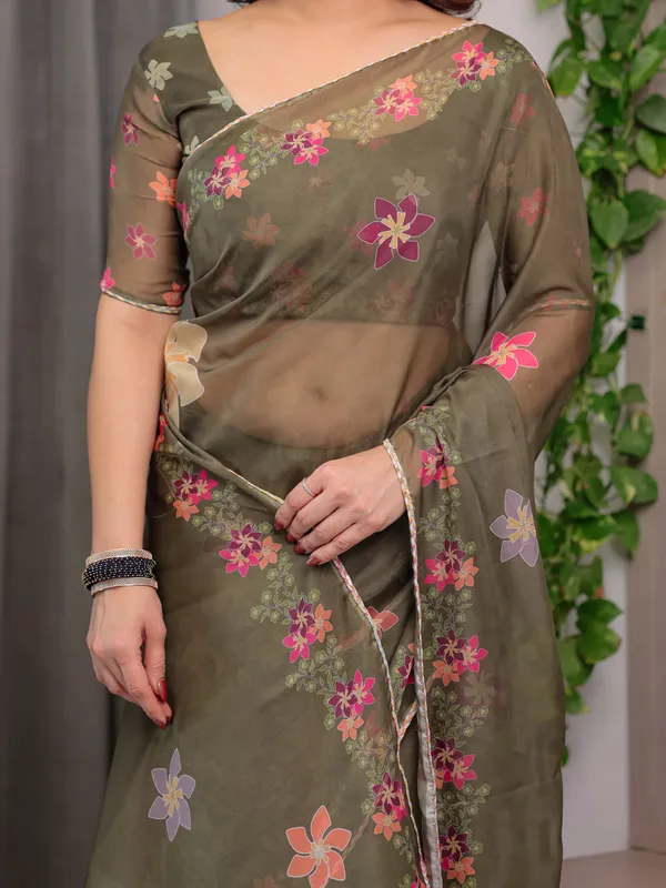Olive_Green_Floral_Printed_Organza_Saree_with_Multicolour_Flower_Motifs_&_Lace_Border_|_Designer_Lightweight_Organza_Saree_with_Attached_Blouse_Piece_|_Elegant_Festive_&_Party_Wear_Saree