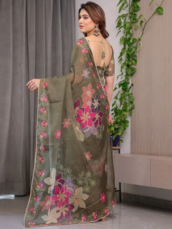 Olive_Green_Floral_Printed_Organza_Saree_with_Multicolour_Flower_Motifs_&_Lace_Border_|_Designer_Lightweight_Organza_Saree_with_Attached_Blouse_Piece_|_Elegant_Festive_&_Party_Wear_Saree