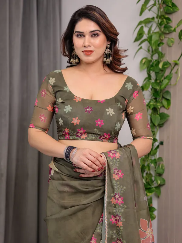 Olive_Green_Floral_Printed_Organza_Saree_with_Multicolour_Flower_Motifs_&_Lace_Border_|_Designer_Lightweight_Organza_Saree_with_Attached_Blouse_Piece_|_Elegant_Festive_&_Party_Wear_Saree