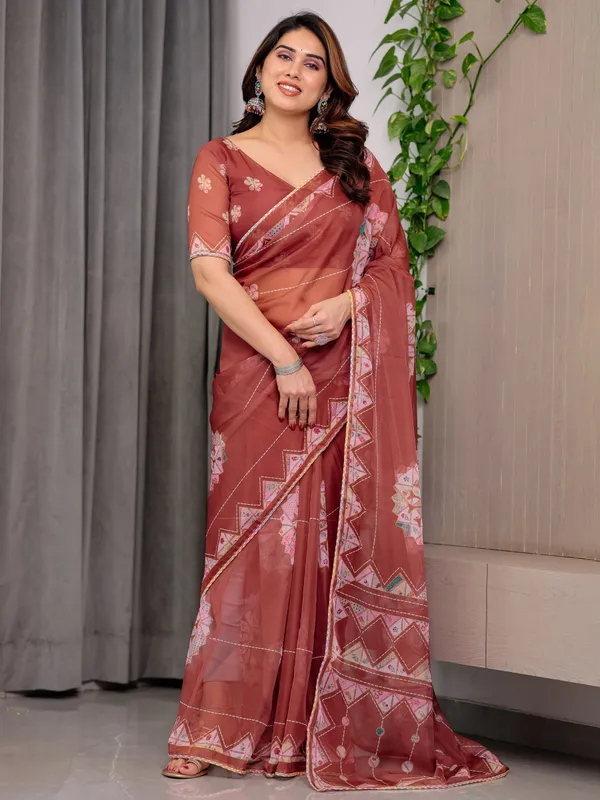 Rust_Terracotta_Printed_Organza_Saree_with_Mandala_Motifs_&_Geometric_Border_|_Designer_Lightweight_Organza_Saree_with_Multicolour_Lace_Edge_|_Festive_&_Party_Wear_Saree