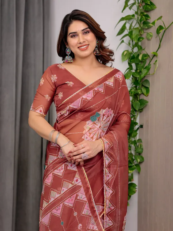 Rust_Terracotta_Printed_Organza_Saree_with_Mandala_Motifs_&_Geometric_Border_|_Designer_Lightweight_Organza_Saree_with_Multicolour_Lace_Edge_|_Festive_&_Party_Wear_Saree