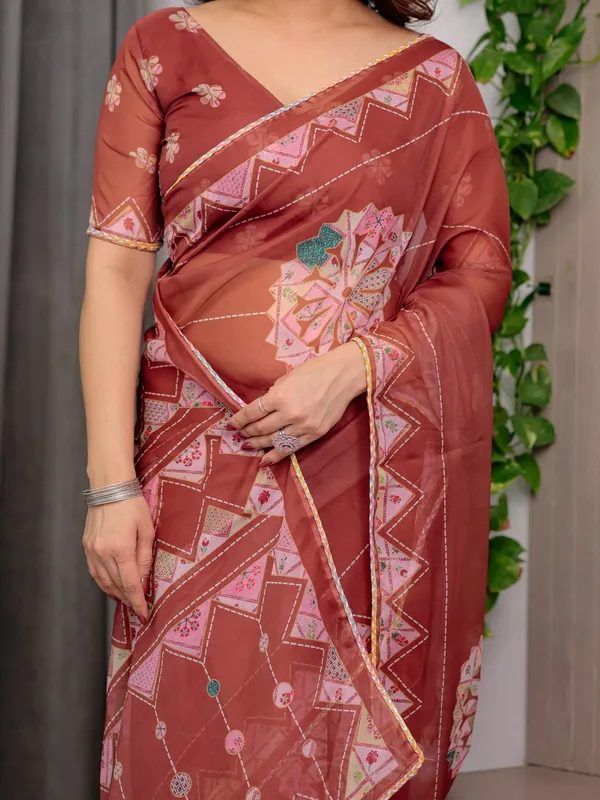 Rust_Terracotta_Printed_Organza_Saree_with_Mandala_Motifs_&_Geometric_Border_|_Designer_Lightweight_Organza_Saree_with_Multicolour_Lace_Edge_|_Festive_&_Party_Wear_Saree