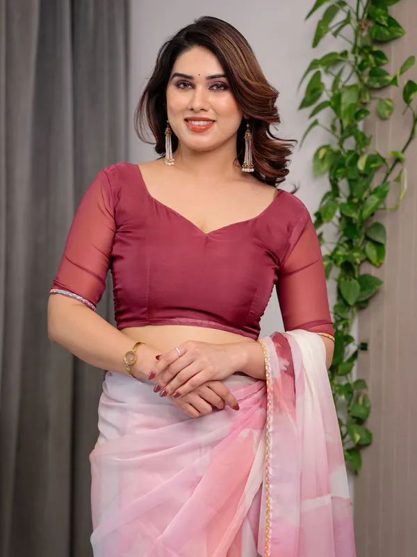 Blush_Pink_Designer_Organza_Saree_with_Artistic_Flamingo_Print_&_Multicolour_Lace_Border_|_Premium_Lightweight_Organza_Saree_with_Attached_Blouse_Piece_|_Elegant_Party_&_Festive_Wear_Saree