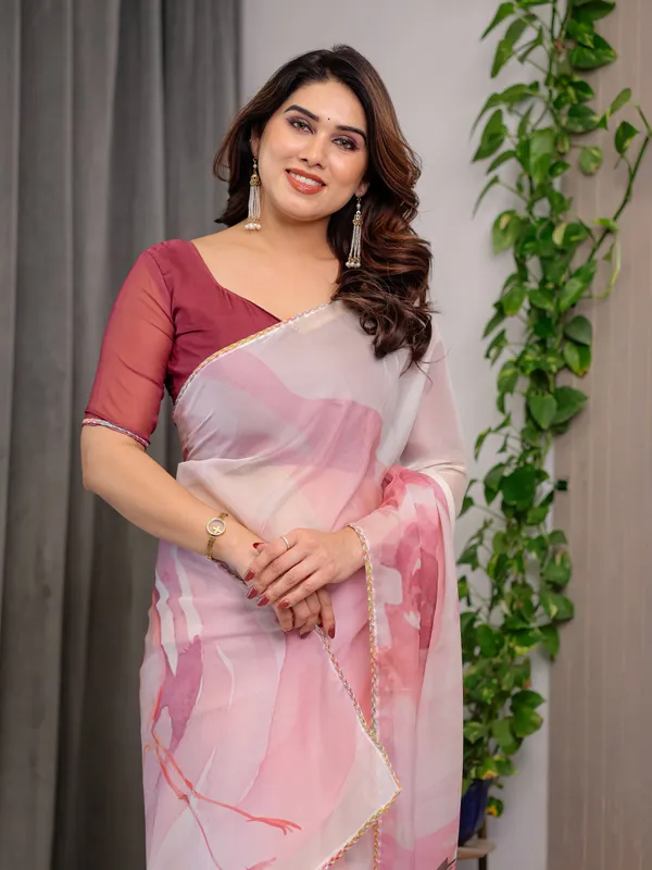 Blush_Pink_Designer_Organza_Saree_with_Artistic_Flamingo_Print_&_Multicolour_Lace_Border_|_Premium_Lightweight_Organza_Saree_with_Attached_Blouse_Piece_|_Elegant_Party_&_Festive_Wear_Saree