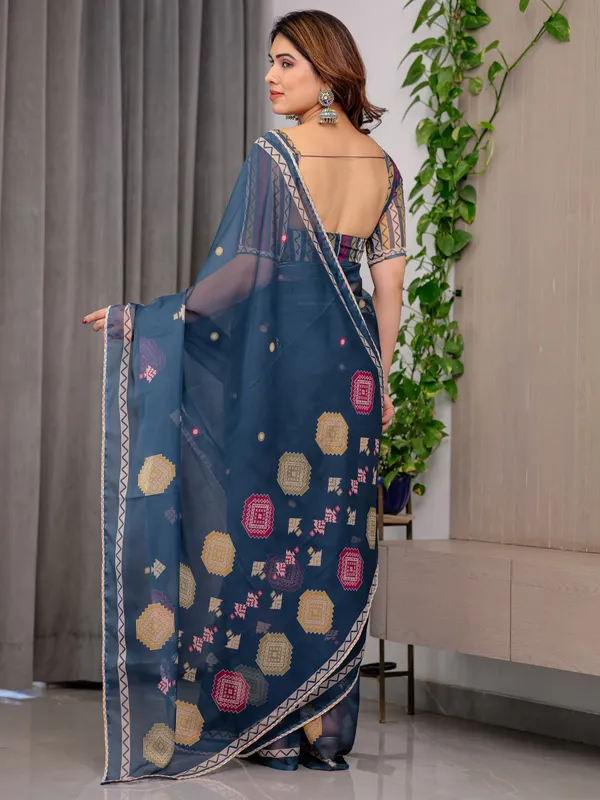 Navy_Blue_Printed_Organza_Saree_with_Geometric_Motifs_&_Multicolour_Lace_Border_|_Designer_Lightweight_Organza_Saree_with_Attached_Blouse_Piece_|_Elegant_Festive_&_Party_Wear_Saree