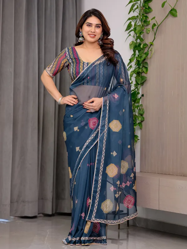 Navy_Blue_Printed_Organza_Saree_with_Geometric_Motifs_&_Multicolour_Lace_Border_|_Designer_Lightweight_Organza_Saree_with_Attached_Blouse_Piece_|_Elegant_Festive_&_Party_Wear_Saree