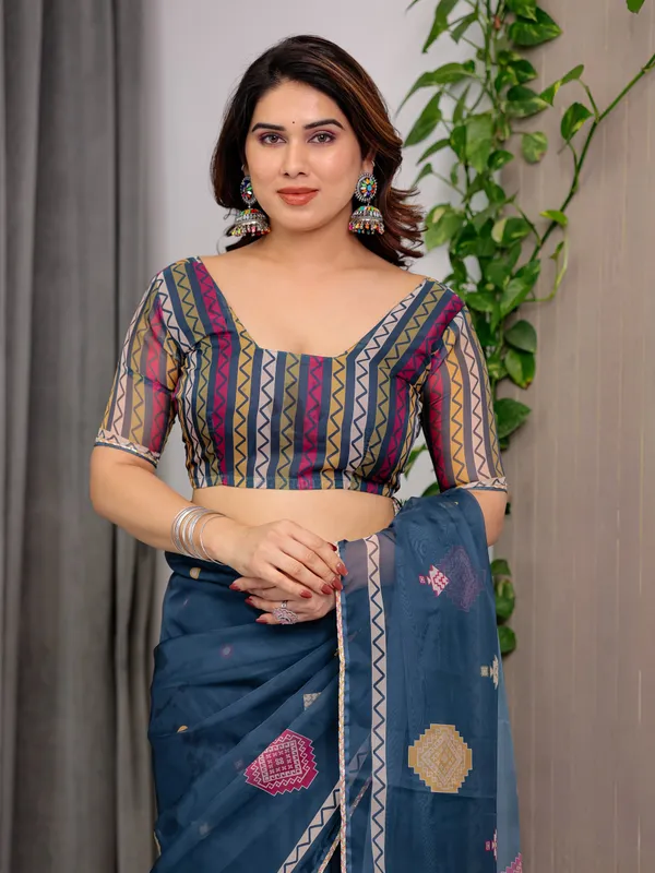 Navy_Blue_Printed_Organza_Saree_with_Geometric_Motifs_&_Multicolour_Lace_Border_|_Designer_Lightweight_Organza_Saree_with_Attached_Blouse_Piece_|_Elegant_Festive_&_Party_Wear_Saree