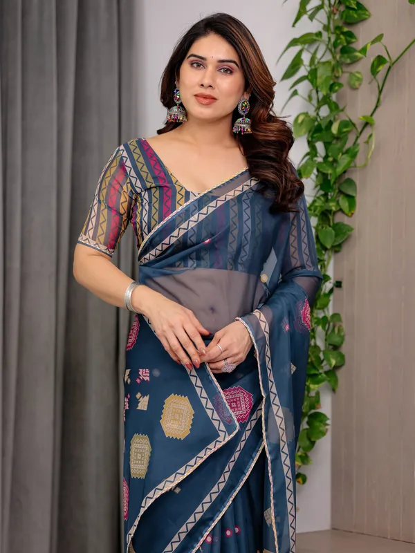 Navy_Blue_Printed_Organza_Saree_with_Geometric_Motifs_&_Multicolour_Lace_Border_|_Designer_Lightweight_Organza_Saree_with_Attached_Blouse_Piece_|_Elegant_Festive_&_Party_Wear_Saree