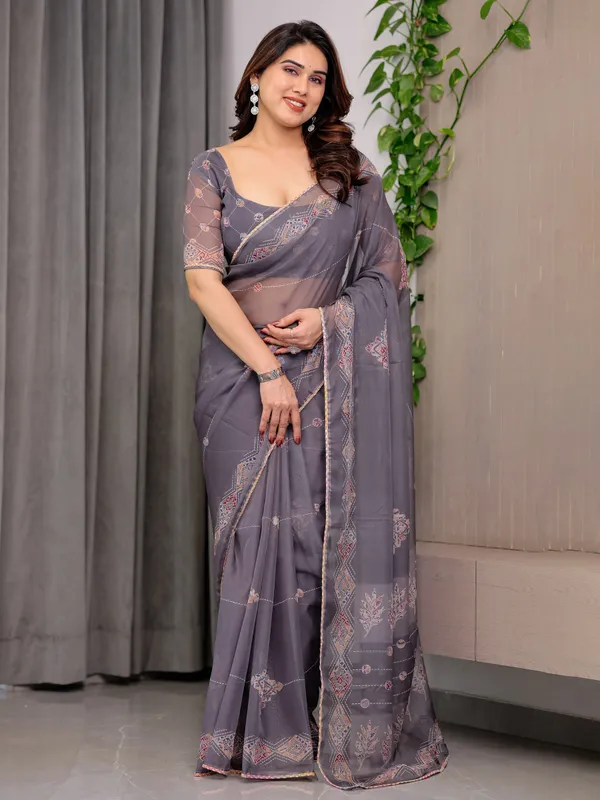 Smoky_Grey_Printed_Organza_Saree_with_Ethnic_Motifs_&_Multicolour_Lace_Border_|_Designer_Lightweight_Organza_Saree_with_Attached_Blouse_Piece_|_Elegant_Festive_&_Party_Wear_Saree