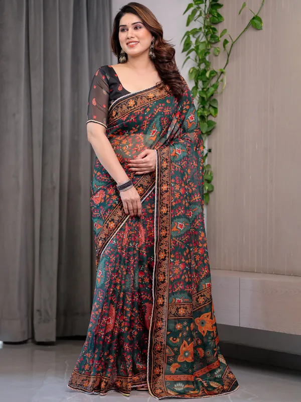 Black_Printed_Organza_Saree_with_Floral_&_Traditional_Motifs_and_Multicolour_Lace_Border_|_Designer_Lightweight_Organza_Saree_with_Attached_Blouse_Piece_|_Festive_&_Party_Wear_Saree