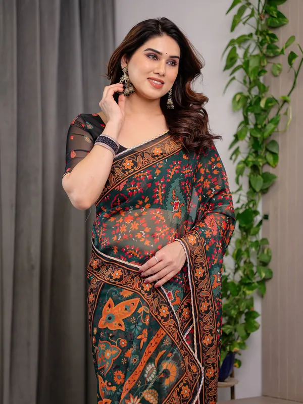 Black_Printed_Organza_Saree_with_Floral_&_Traditional_Motifs_and_Multicolour_Lace_Border_|_Designer_Lightweight_Organza_Saree_with_Attached_Blouse_Piece_|_Festive_&_Party_Wear_Saree