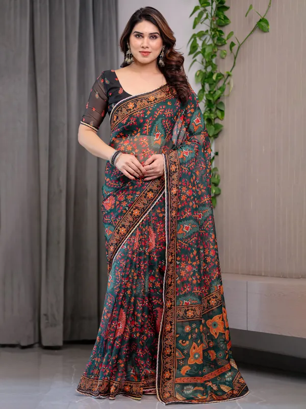 Black_Printed_Organza_Saree_with_Floral_&_Traditional_Motifs_and_Multicolour_Lace_Border_|_Designer_Lightweight_Organza_Saree_with_Attached_Blouse_Piece_|_Festive_&_Party_Wear_Saree