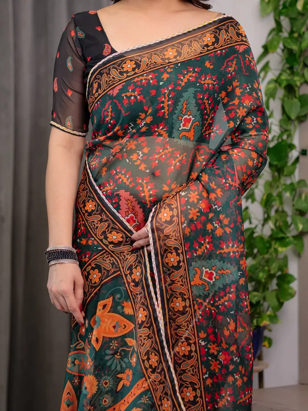 Black_Printed_Organza_Saree_with_Floral_&_Traditional_Motifs_and_Multicolour_Lace_Border_|_Designer_Lightweight_Organza_Saree_with_Attached_Blouse_Piece_|_Festive_&_Party_Wear_Saree