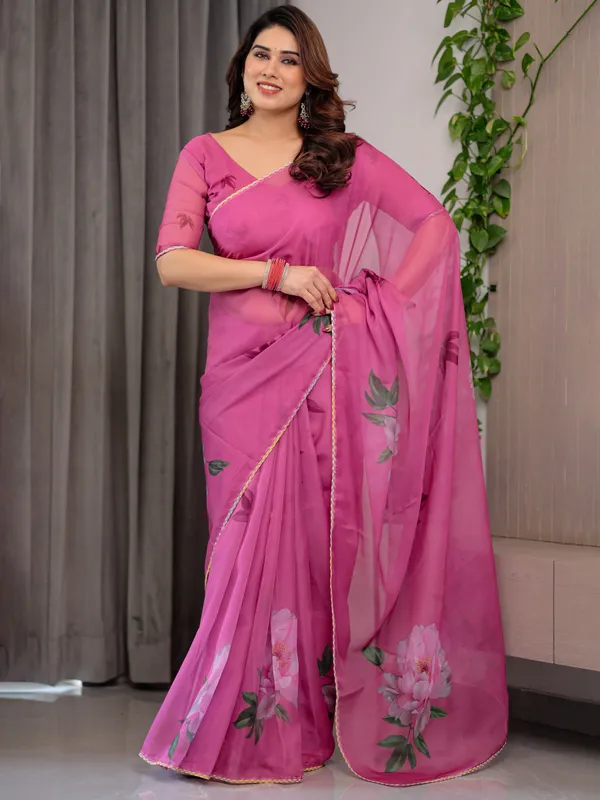Rose_Pink_Floral_Printed_Organza_Saree_with_Multicolour_Lace_Border_|_Designer_Lightweight_Organza_Saree_with_Attached_Blouse_Piece_|_Elegant_Festive_&_Party_Wear_Saree