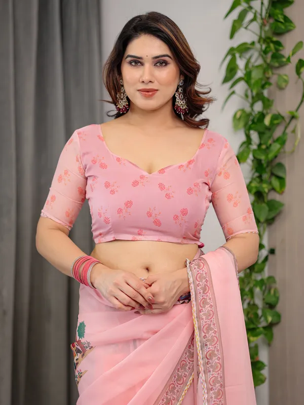 Blush_Pink_Printed_Organza_Saree_with_Royal_Elephant_Motifs_&_Floral_Border_|_Designer_Lightweight_Organza_Saree_with_Attached_Blouse_Piece_|_Festive_&_Ethnic_Wear_Saree