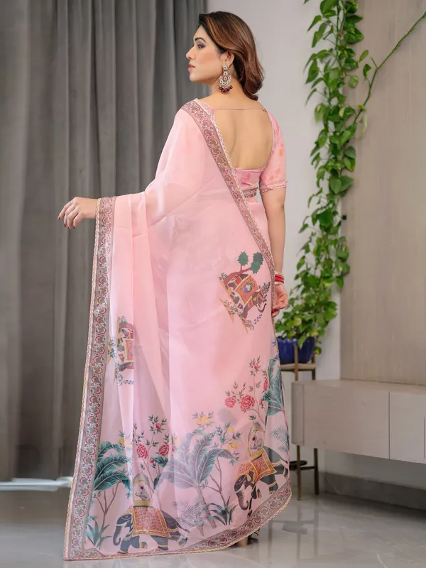 Blush_Pink_Printed_Organza_Saree_with_Royal_Elephant_Motifs_&_Floral_Border_|_Designer_Lightweight_Organza_Saree_with_Attached_Blouse_Piece_|_Festive_&_Ethnic_Wear_Saree
