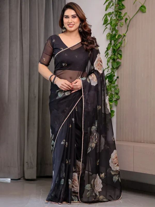 Elegant_Black_Floral_Printed_Organza_Saree_with_Rose_Motifs_|_Lightweight_Designer_Sheer_Saree_with_Attached_Blouse_Piece_|_Party_Wear_&_Evening_Ethnic_Saree