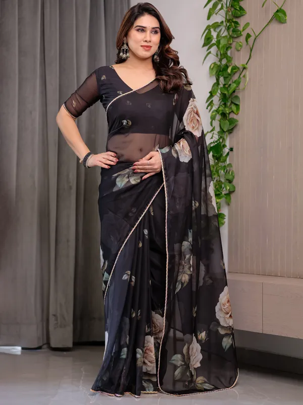 Elegant_Black_Floral_Printed_Organza_Saree_with_Rose_Motifs_|_Lightweight_Designer_Sheer_Saree_with_Attached_Blouse_Piece_|_Party_Wear_&_Evening_Ethnic_Saree