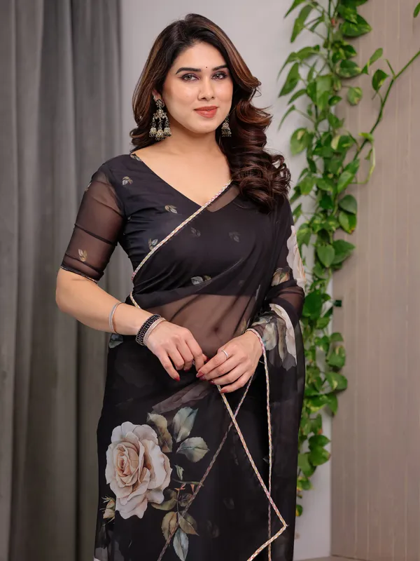 Elegant_Black_Floral_Printed_Organza_Saree_with_Rose_Motifs_|_Lightweight_Designer_Sheer_Saree_with_Attached_Blouse_Piece_|_Party_Wear_&_Evening_Ethnic_Saree