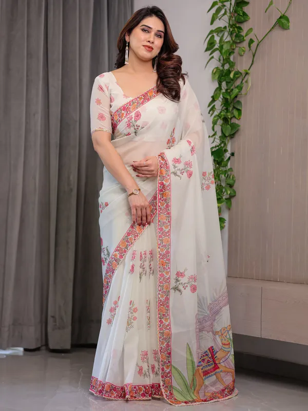 Ivory_White_Designer_Organza_Saree_with_Royal_Elephant_&_Camel_Motifs_|_Floral_Printed_Lightweight_Organza_Saree_with_Attached_Blouse_|_Festive_&_Ethnic_Wear_Saree